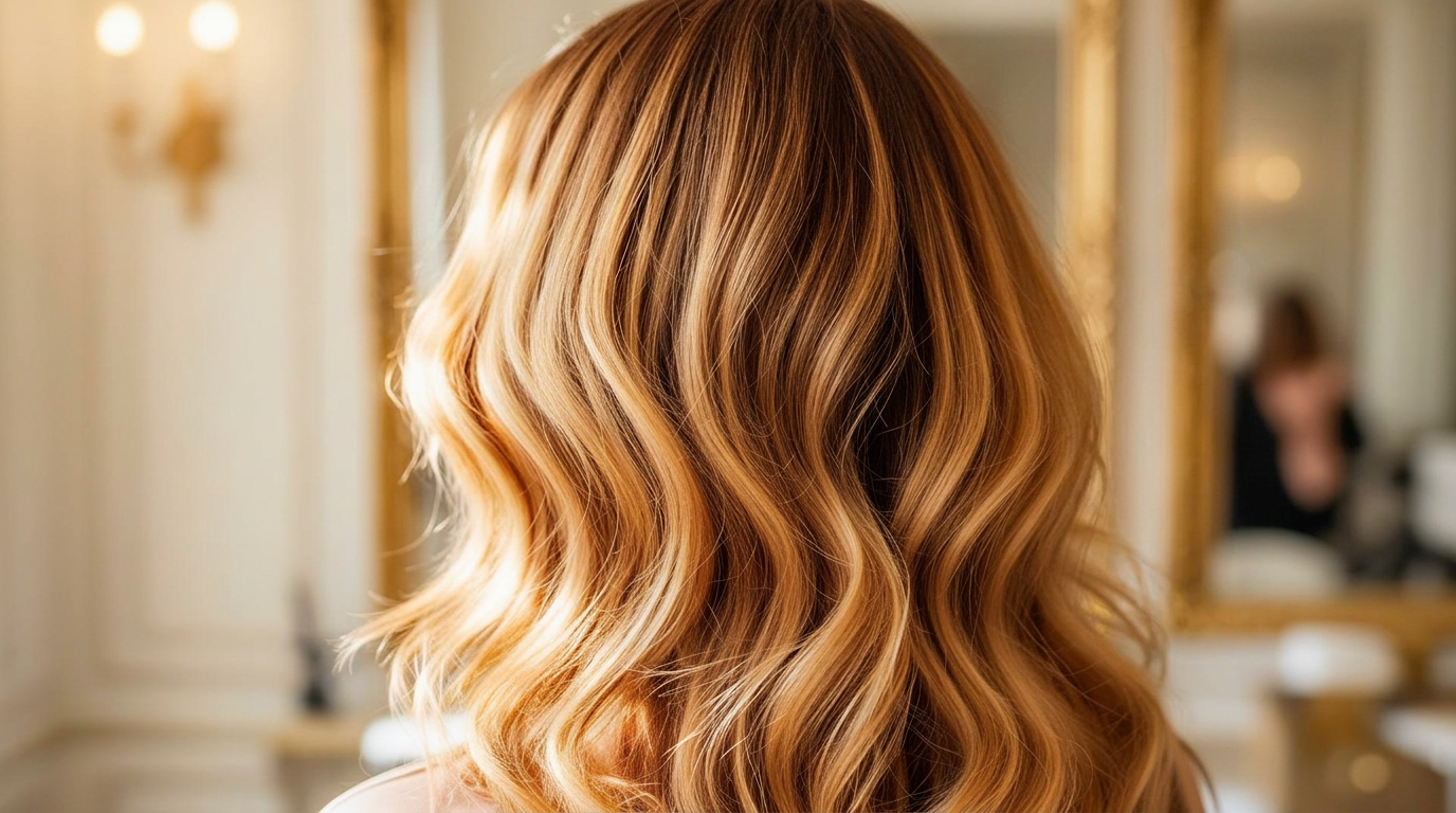 Soft blonde balayage hair in warm salon light